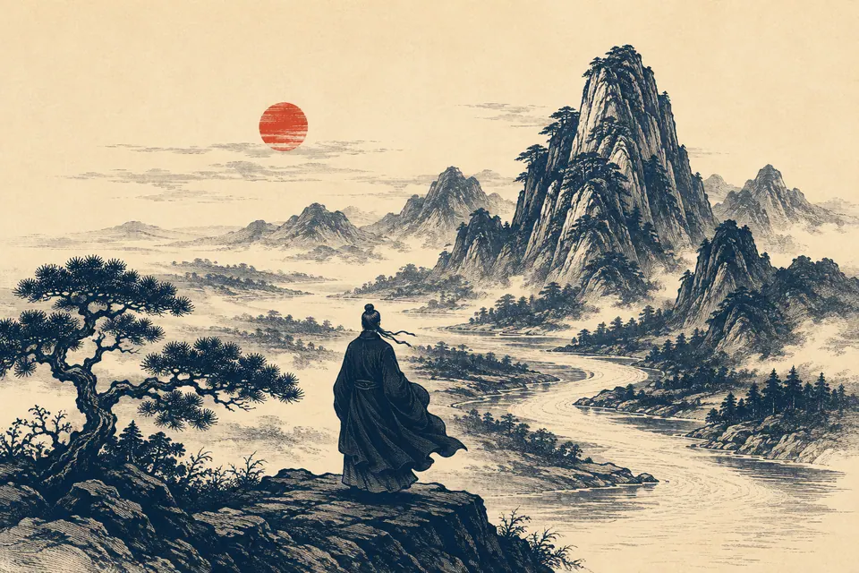 青绿山水中，一位行旅者望向远山